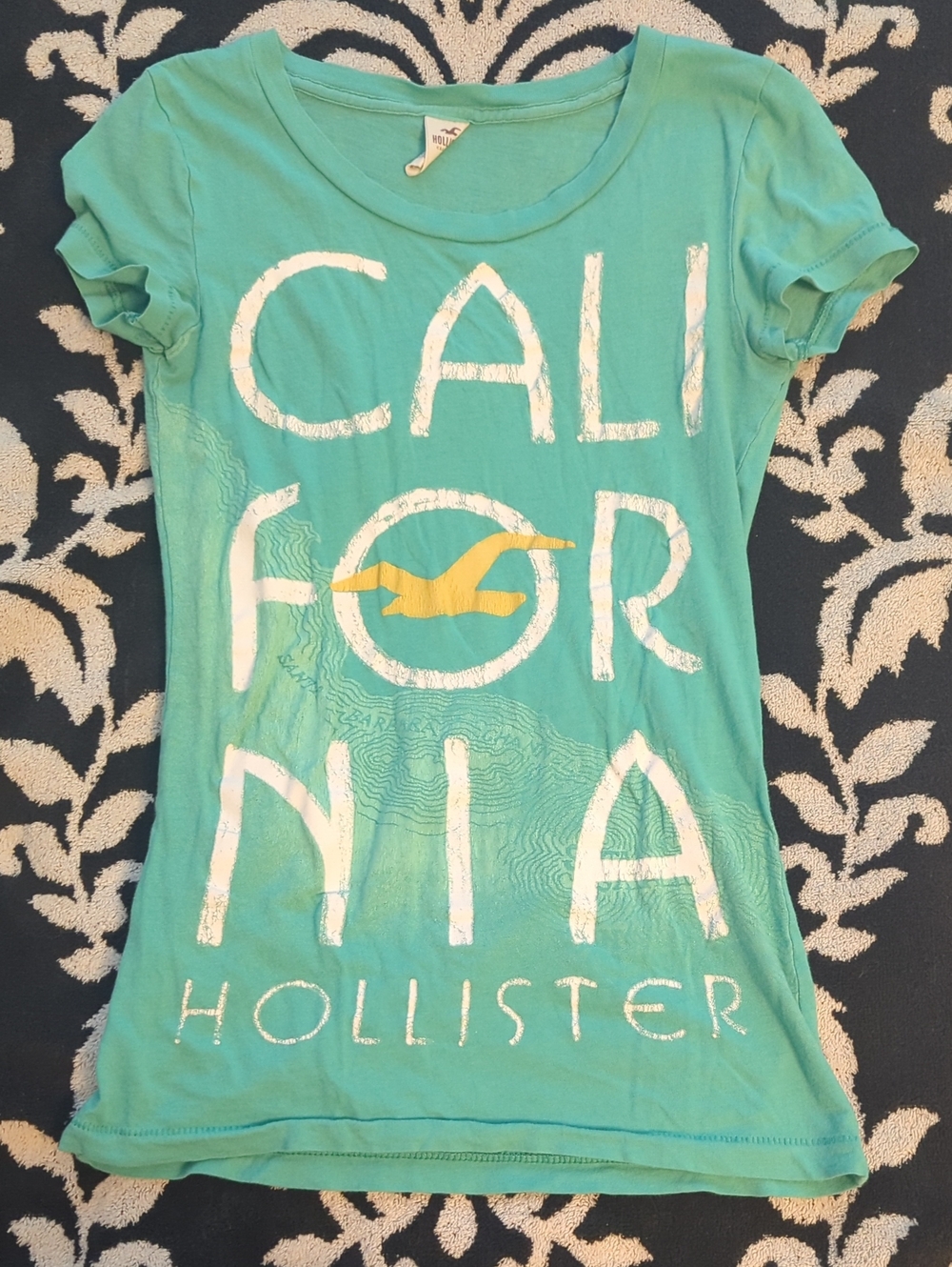 Y2K Vintage Hollister California Graphic Tee, Teal & Yellow Topographical Map XS